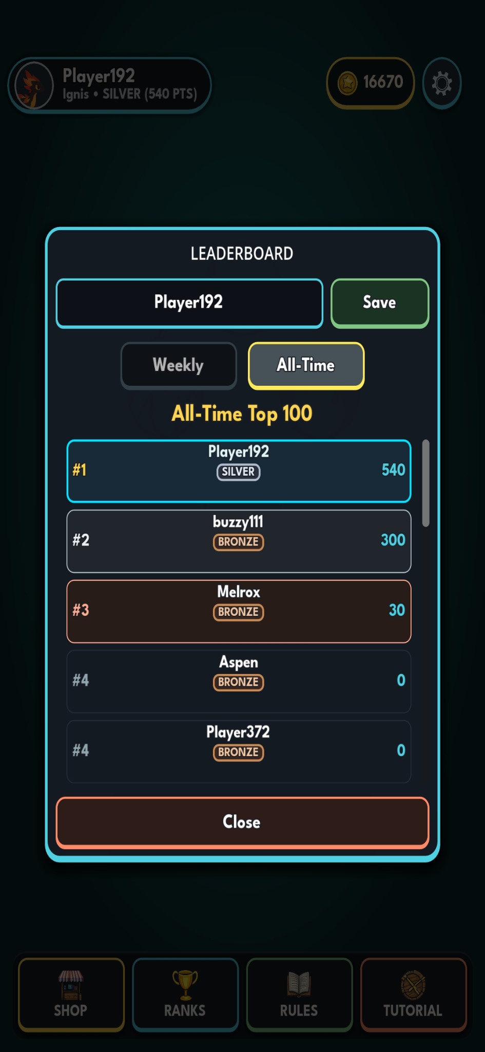 Element Dash leaderboard showing all-time rankings