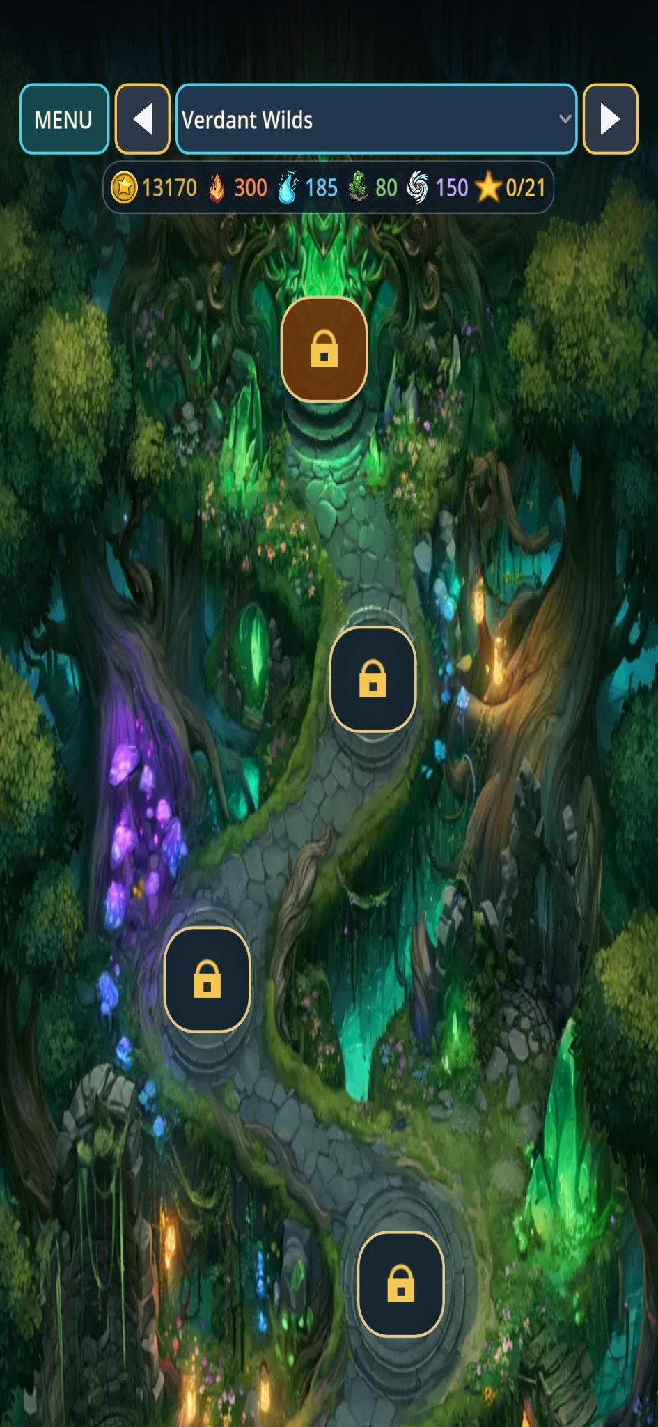 Verdant Wilds Journey map showing a glowing forest path with locked stages